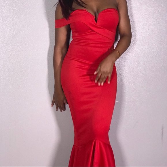 red fishtail maxi dress